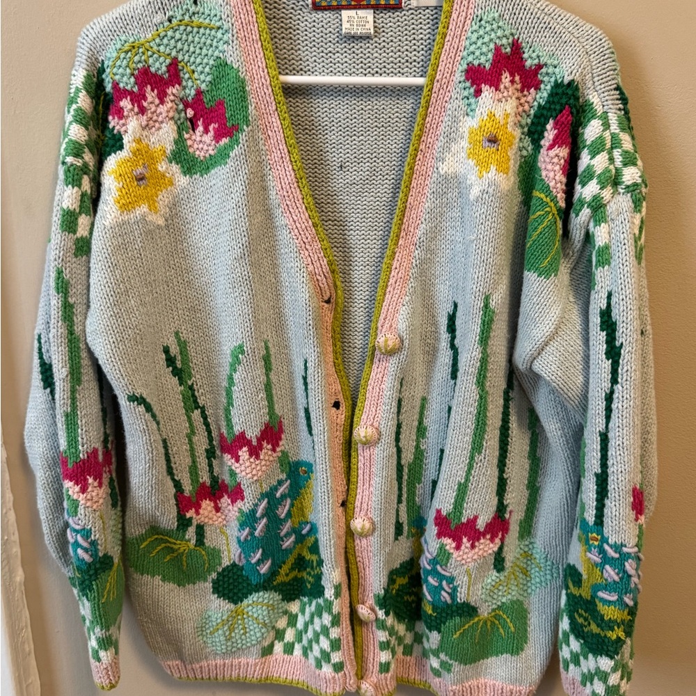 Vintage Floral Water Lily Knit Cardigan Sweater - Light Blue